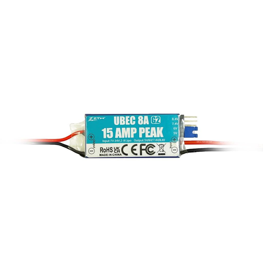 ZTW UBEC 8A G2 External BEC Adjustable Voltage 5V6V7.4V8.4V Peak 15A for RC Airplanes, Drones, Fixed Wings, FPV