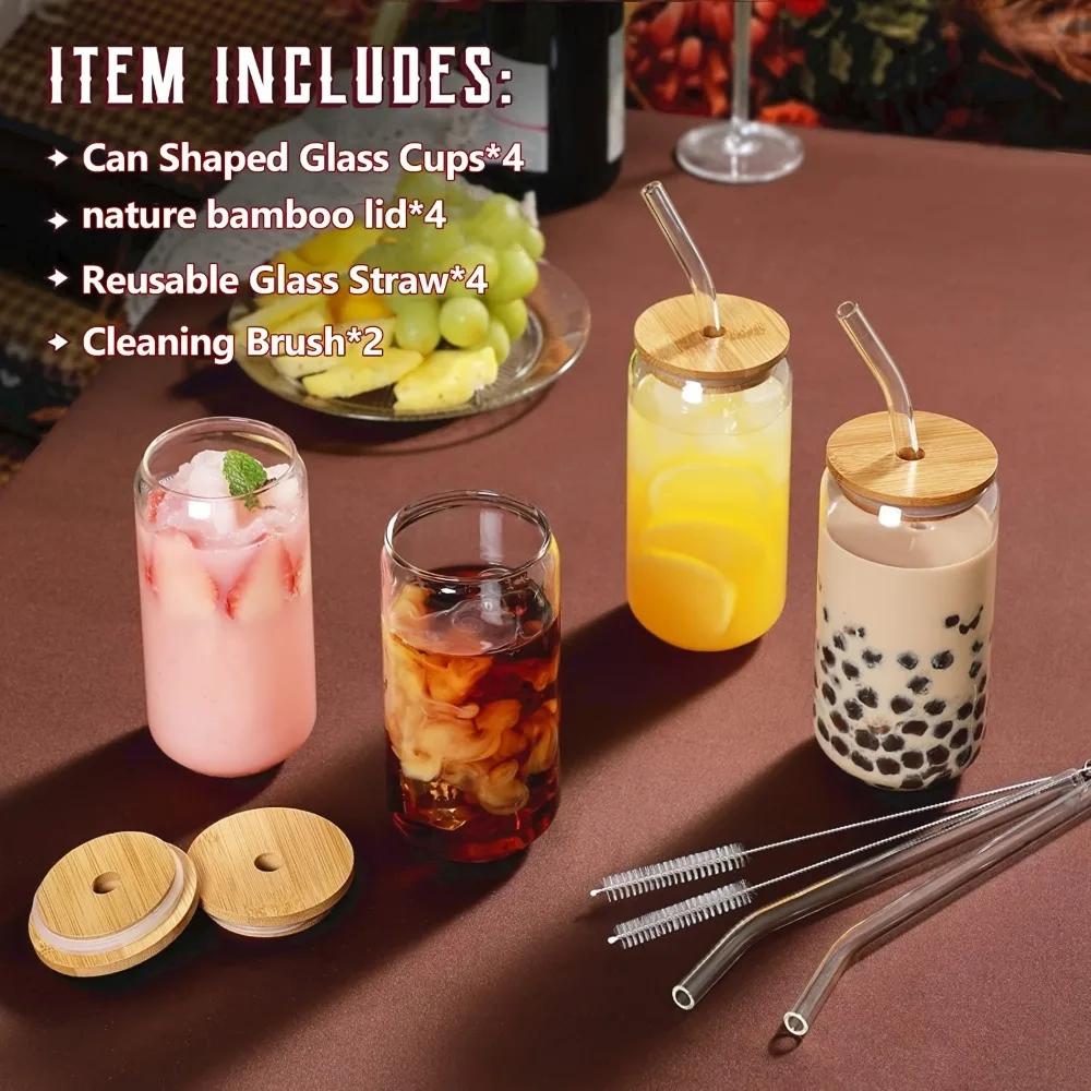 4 шт. 16-унциевых стеклянных стакана в форме банки с бамбуковыми крышками и стеклянными трубочками, идеально подходят для холодного кофе, подарок на день рождения, коктейльная стеклянная посуда для напитков