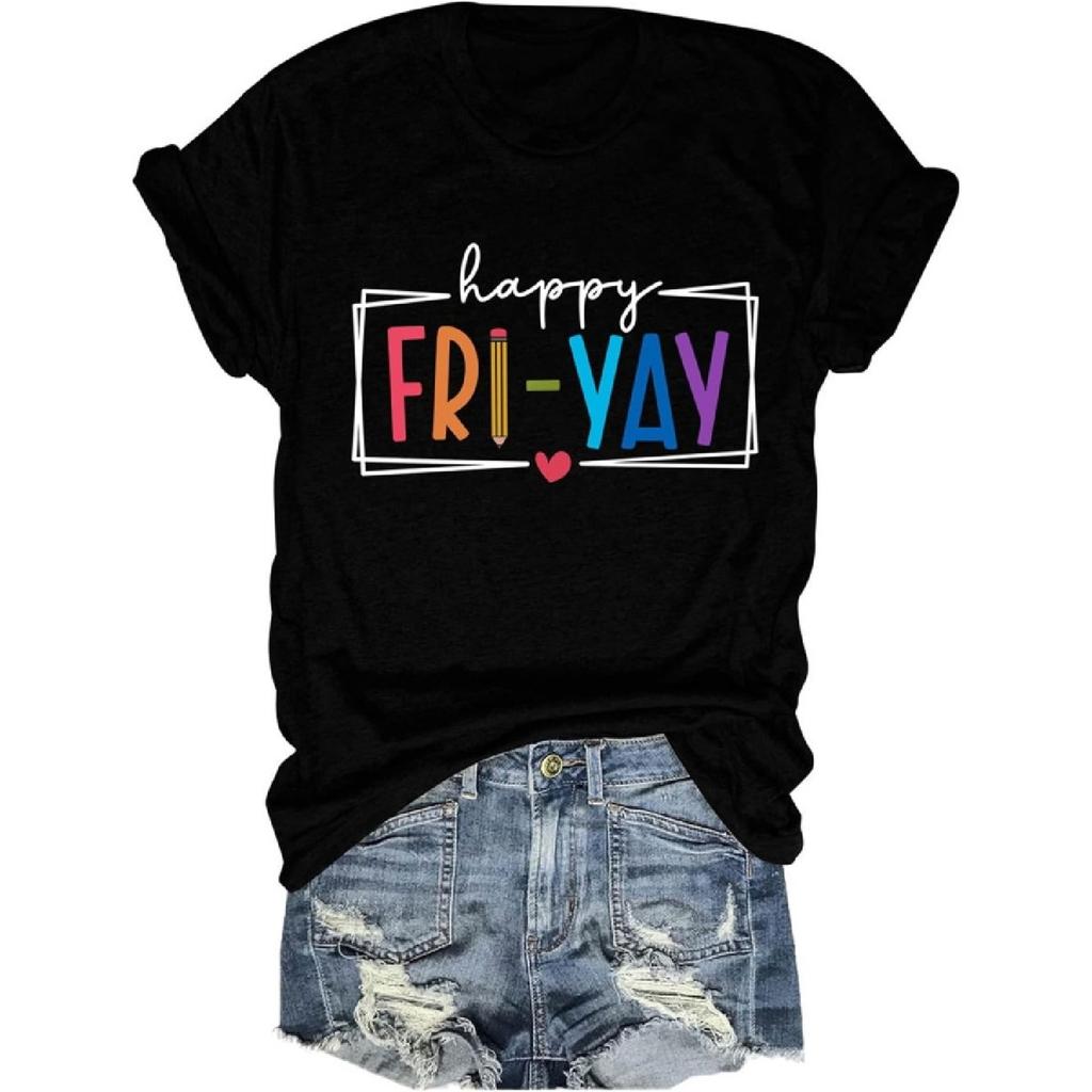 Футболка XEXOAQ для женщин 'Happy Fri Day' с графическим принтом, с круглым вырезом, с коротким рукавом, повседневные летние топы