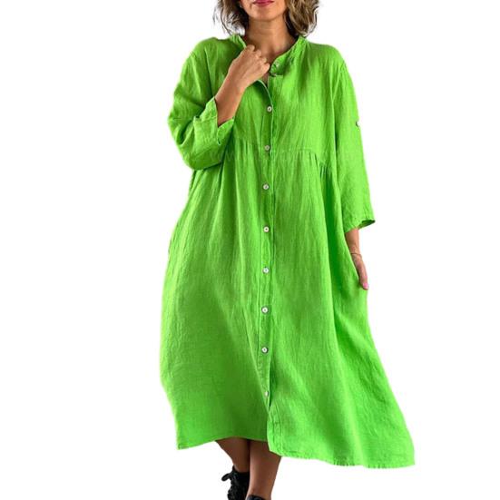Women Summer Loose Shirt Dress Stand Collar 3/4 Sleeve Buttons Placket Solid Color Loose Fit Midi Dress Streetwear