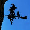 Enchanting Witch & Cat Garden Decor - Durable Iron Art with Flying Broomstick, for Halloween & Outdoor, Outdoor Garden Decor