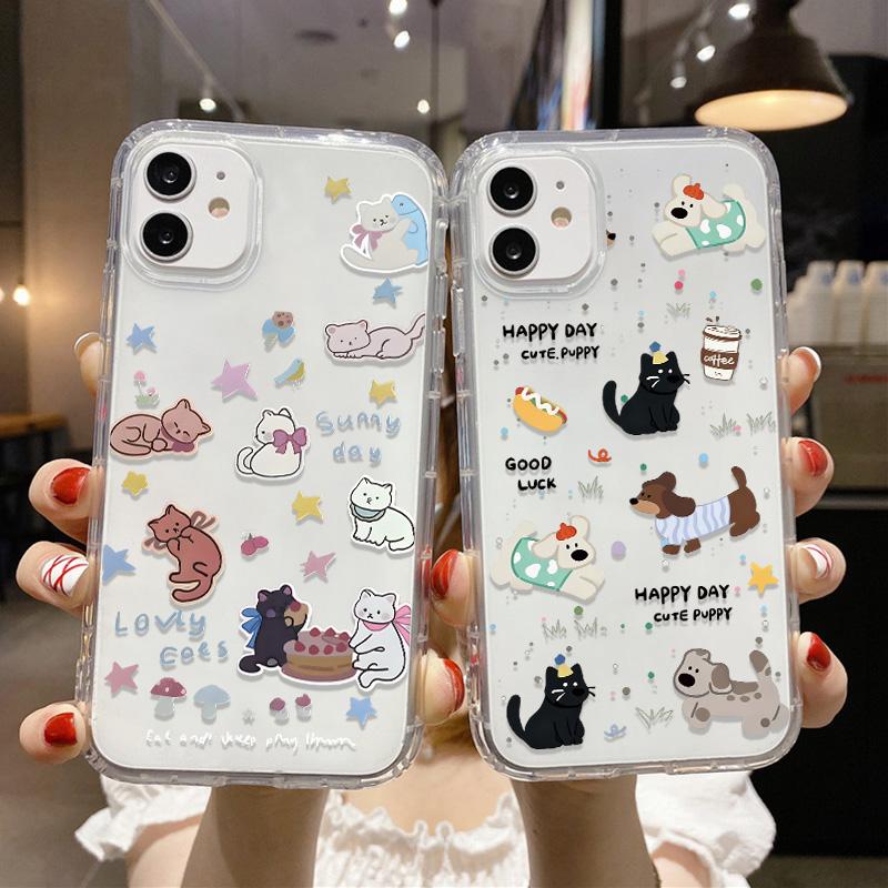 Милый Кавайный Кот Собака Наклейка Чехол для Телефона для iPhone 17 16 15 14 13 12 11 Pro Max Plus Корейский Стиль Ударопрочный Прозрачный Мягкий ТПУ Чехол