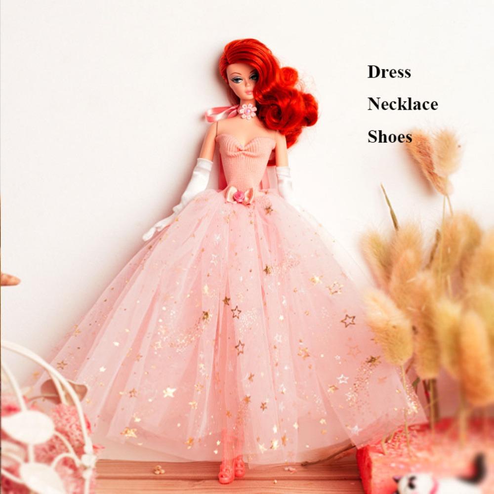 Европейская Мода Розовые Кружевные Платья с Обувью Ожерельем Роскошное Элегантное Вечернее Платье для 1/6 BJD 30см Кукол Супермоделей