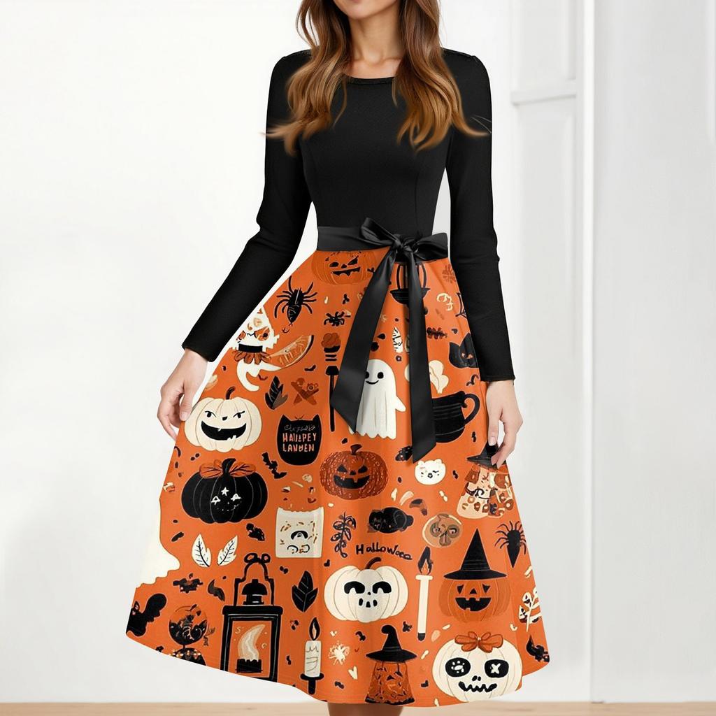 Women's Casual Fashion Halloween Printed Round Neck Vintage Dress