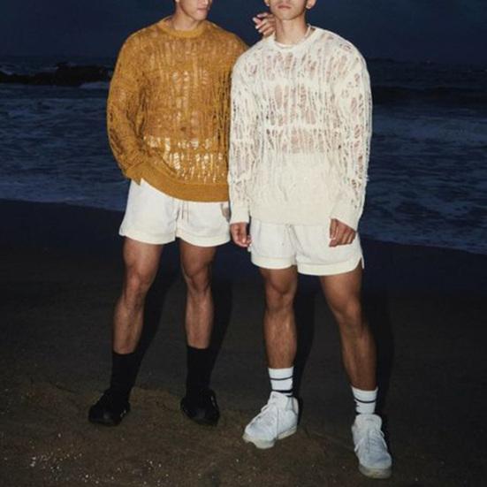 Men Tops Crew Neck Long Sleeve Knitted T-Shirt Men Clothing Retro Hollow-Out Mesh Knit Tops Spring Streetwear