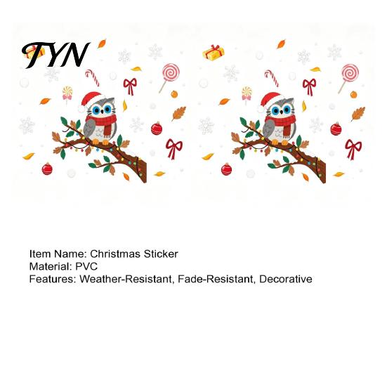 Removable PVC Holiday Decorations Cute Christmas Owl Window Sticker, Snowy Branch Candy Glass Decal, Waterproof Decals Xmas Decor for Home Store Front