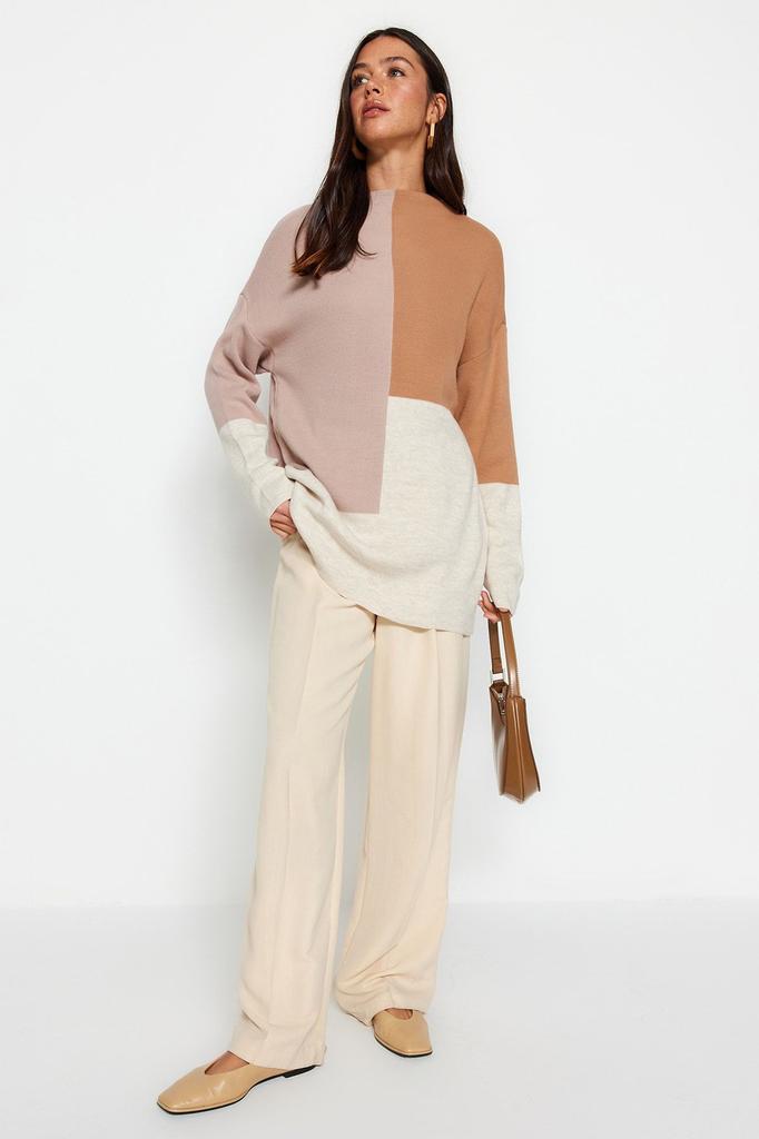 Women's Fashionable Stylish Hijab Sweater Stone Color Block High Collar Knitwear Sweater