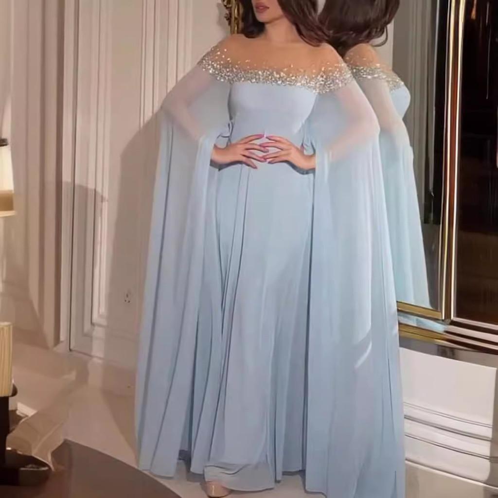Women Elegant Round Neck Rhinestone Pearl Long Sleeves Kaftan Middle East Bride Bridesmaids Wedding Long Dress Gorgeous Party Maxi Ball Gowns