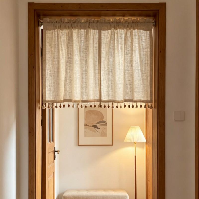 Japanese Retro Creamy Beige Cotton-Linen Look Sheer Curtain Panel Door Window Balcony Semi-Privacy Short Drape