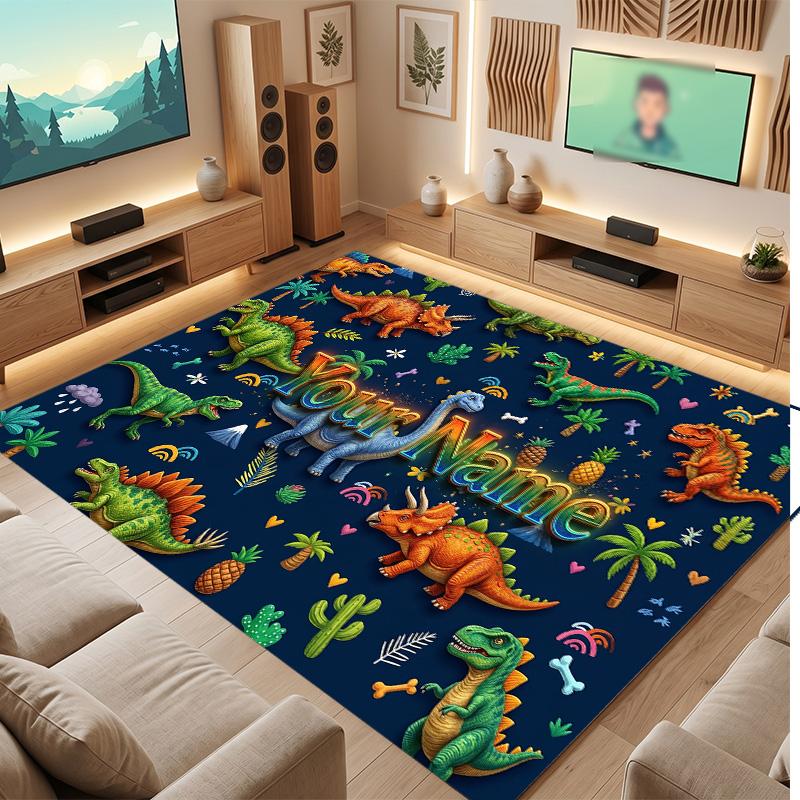 Dinosaur Theme Soft Crystal Velvet Rug Custom Name & Text Print Non Slip Floor Rug for Bedroom Living Room