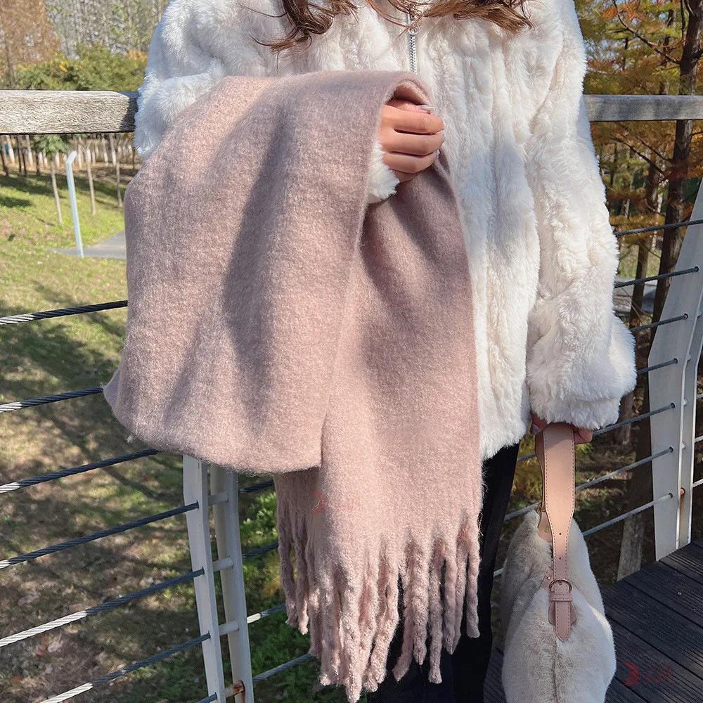 Thickened Extended Solid Color Scarf Women's Autumn Winter Korean Style Angora Student Shoulder Wrap Neck Warmer Pink Macaron