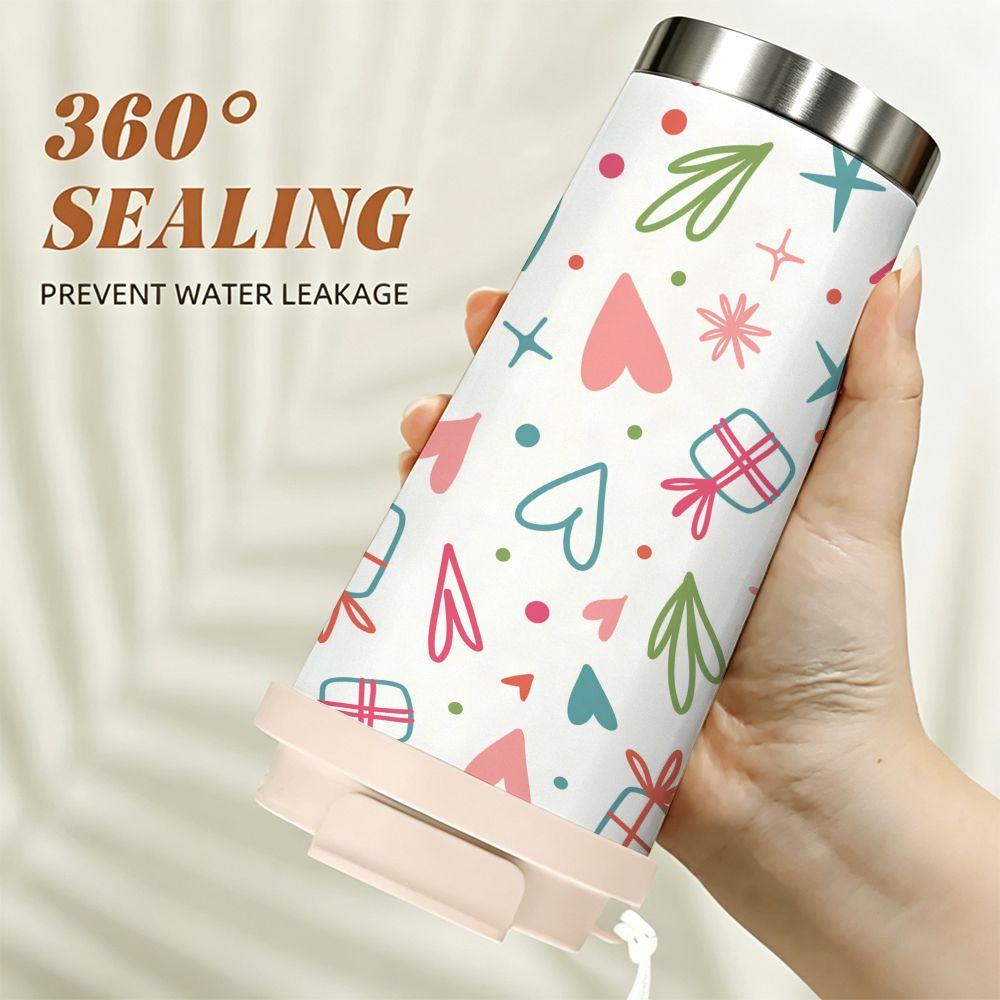 Cute Heart and Gift Box Pattern Insulated Coffee Tumbler Stainless Steel Travel Mug Reusable Cup for Office School Birthday Gift