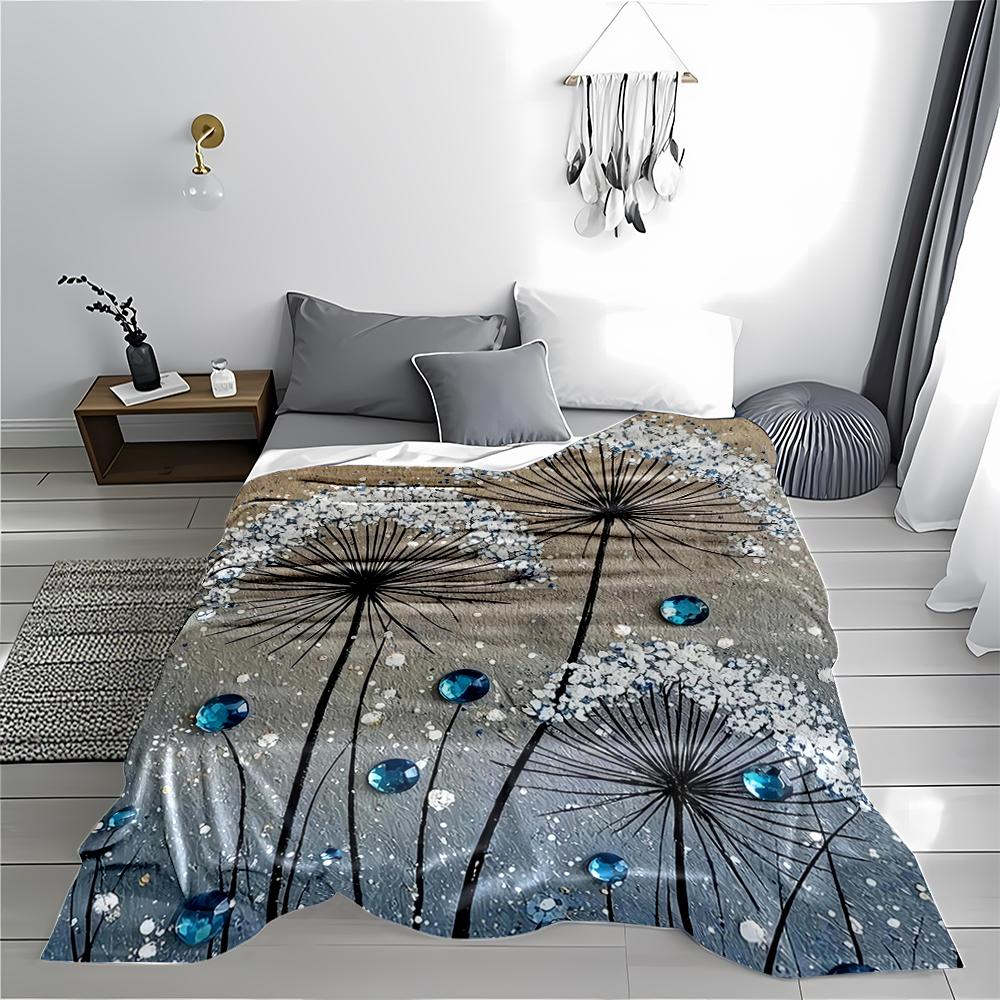 Elegant Dandelion Pattern blanket with Blue Gem Accents, Gray Tones blanket, suitable for use in the bedroom, living room, on the sofa