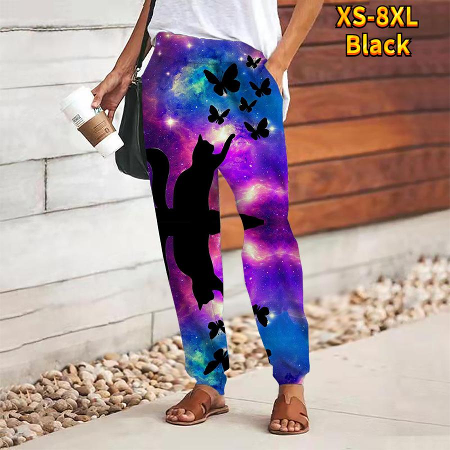 Женские брюки с принтом кошки, на шнуровке, с эластичной талией, свободные, повседневные длинные брюки, брюки с карманами