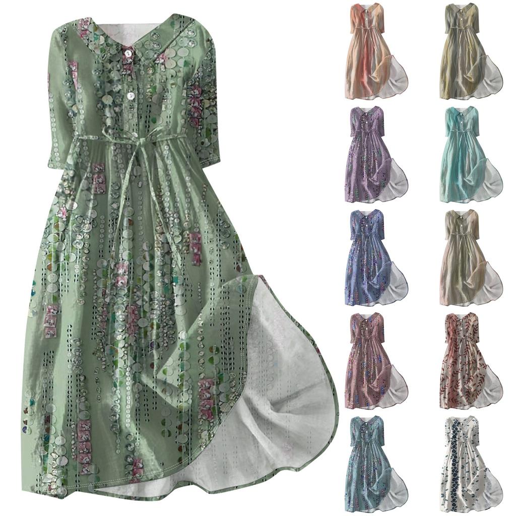 Женская мода повседневное платье с воротником на лацканах и пуговицами с рукавами 3/4