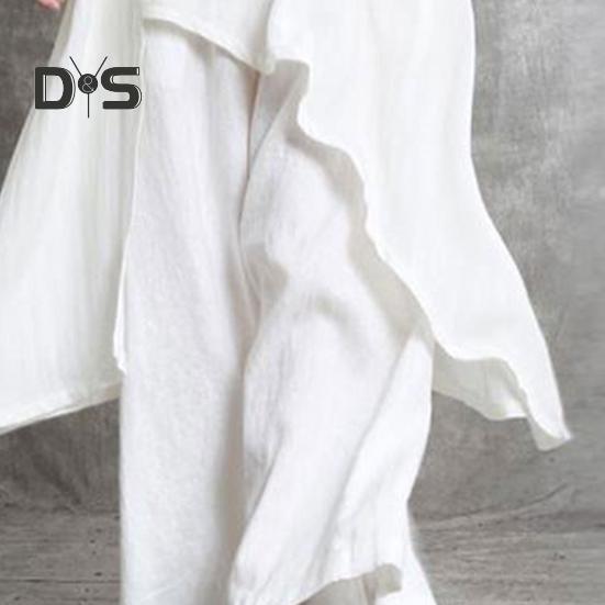 2Pcs/Set Cotton Linen Tops Pants Set O-neck Half Sleeve Irregular Hem Tops High Waist Long Pants Set Solid Color Casual Outfit