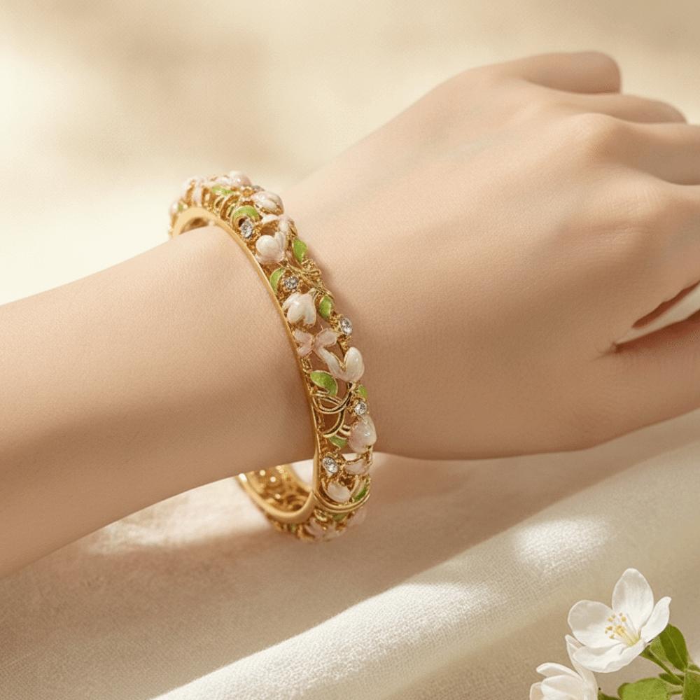 Enamel Chinese Flower Bangle Hollowed Floral Women's Hand Bracelet Vintage Cloisonne Bangle Ladies