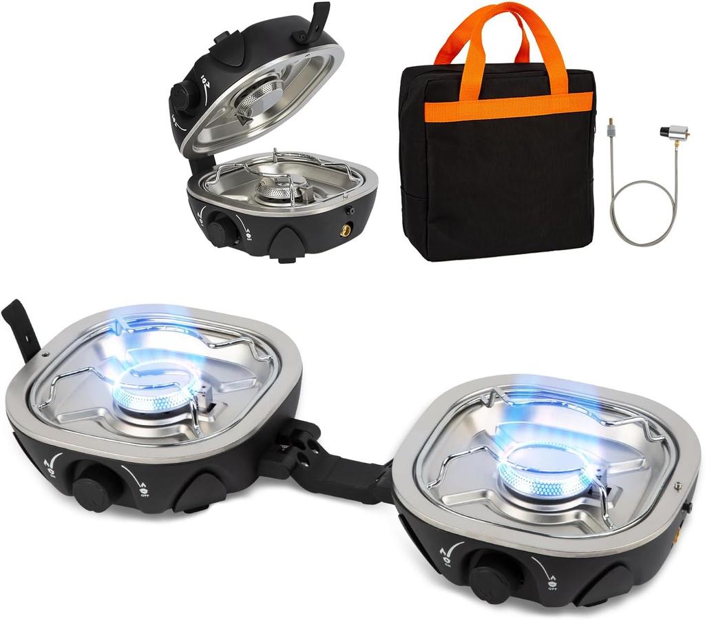 Пропановая походная плита 20 000 БТЕ - 2-конфорочная портативная газовая плита с регулируемым пламенем, пьезоподжигом, сумкой для переноски и шлангом, складная