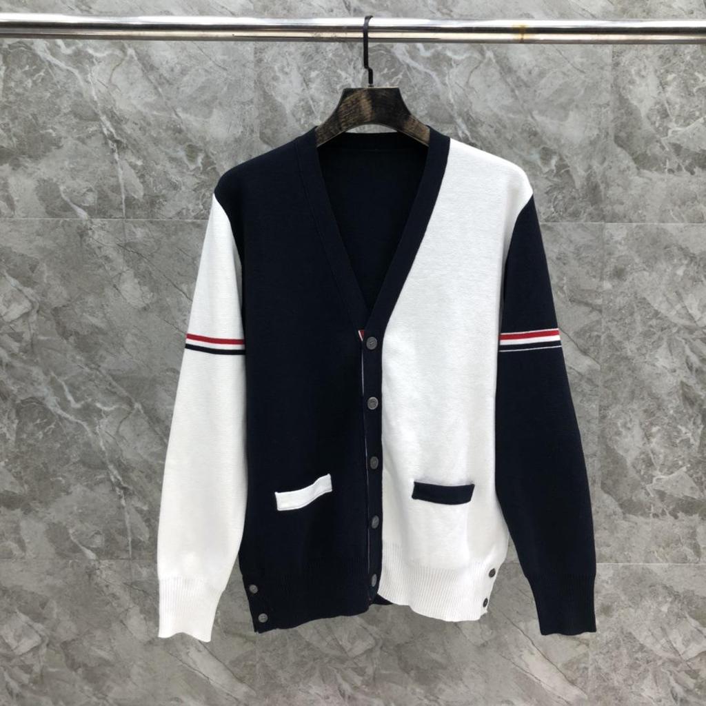Autumn/Winter Unisex Double Sleeve Cotton Cardigan – Red, White & Blue Color Block with Five Buttons