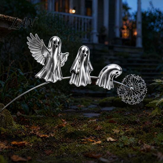 Unique Garden Art for Halloween Ghost Stake, Rustic Yard Decor with Dandelion Accent, Iron Lawn Stakes Metal Sculpture Patio Flower Bed And