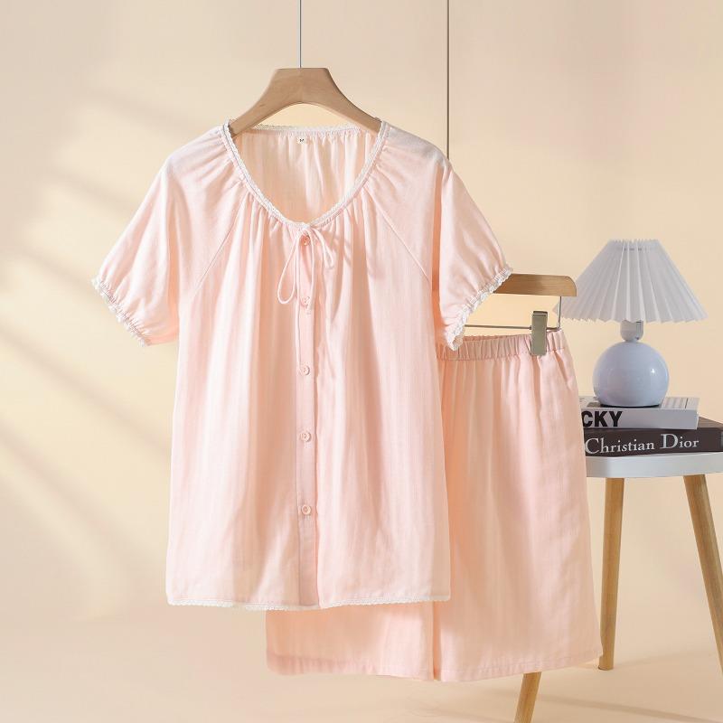 Women Pure Cotton Solid Lace Short Sleeve Shorts Pajama Casual Loungewear Set