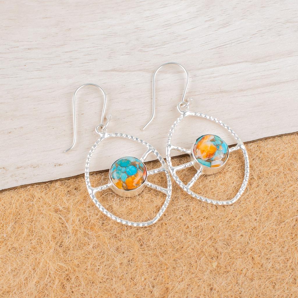 Spiny Oyster Gemstone 925 Sterling Silver Handmade Jewelry Women Earrings 2.00" EE-52-36