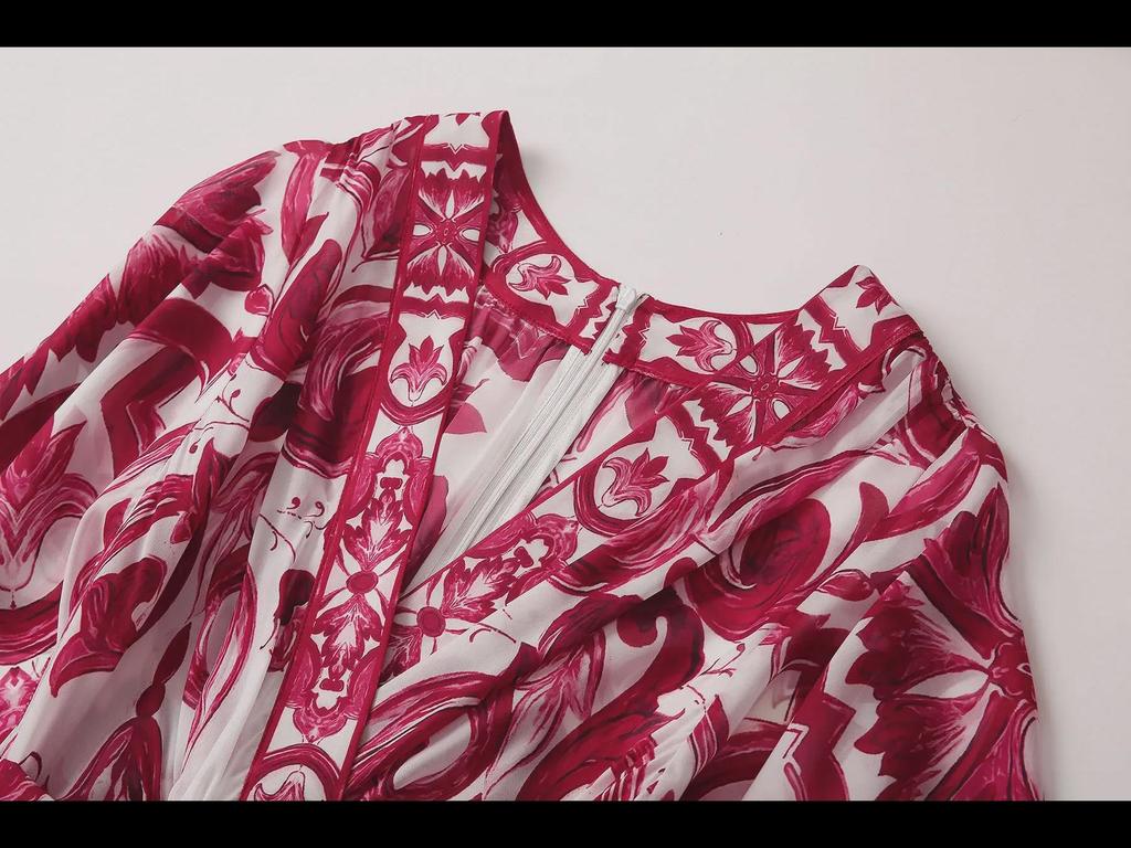 European & American Women's Chiffon Silk V-Neck Floral Print Maxi Dress