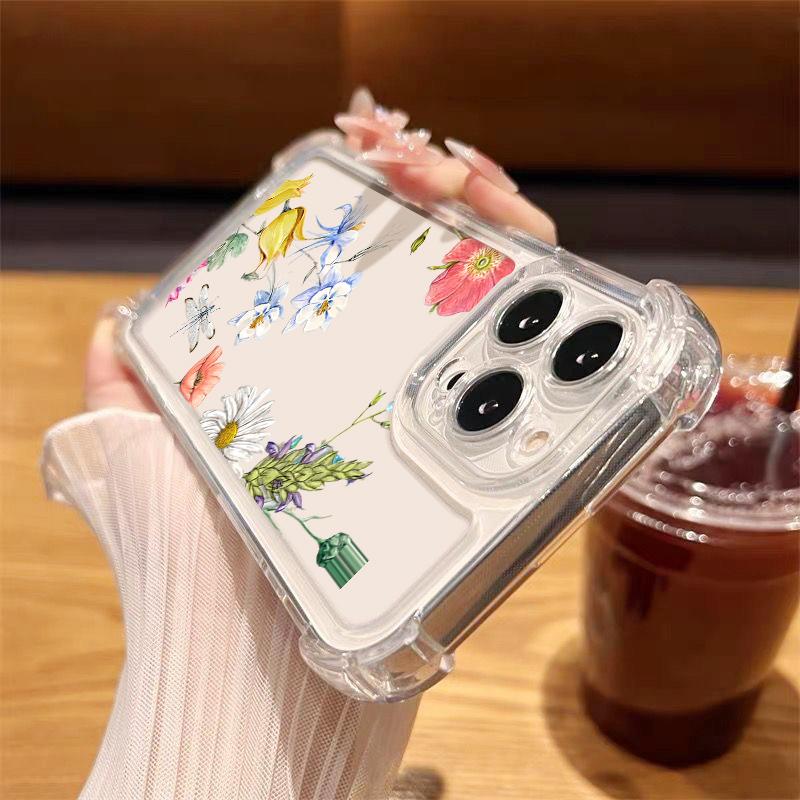 Для iPhone 16 Pro Max 16E 15 Pro 14 13 12 11 Чехол для телефона Прозрачный с цветочным принтом Противоударный Мягкий силиконовый Ударопрочный Защита объектива Бампер