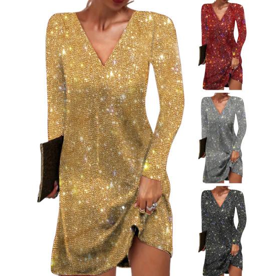 Женское платье с длинным рукавом, блестящий сплошной цвет с пайетками, свободный трапециевидный силуэт с V-образным вырезом, мягкий дышащий пуловер, эластичный пуловер длиной выше колена, вечеринка, клуб, мини