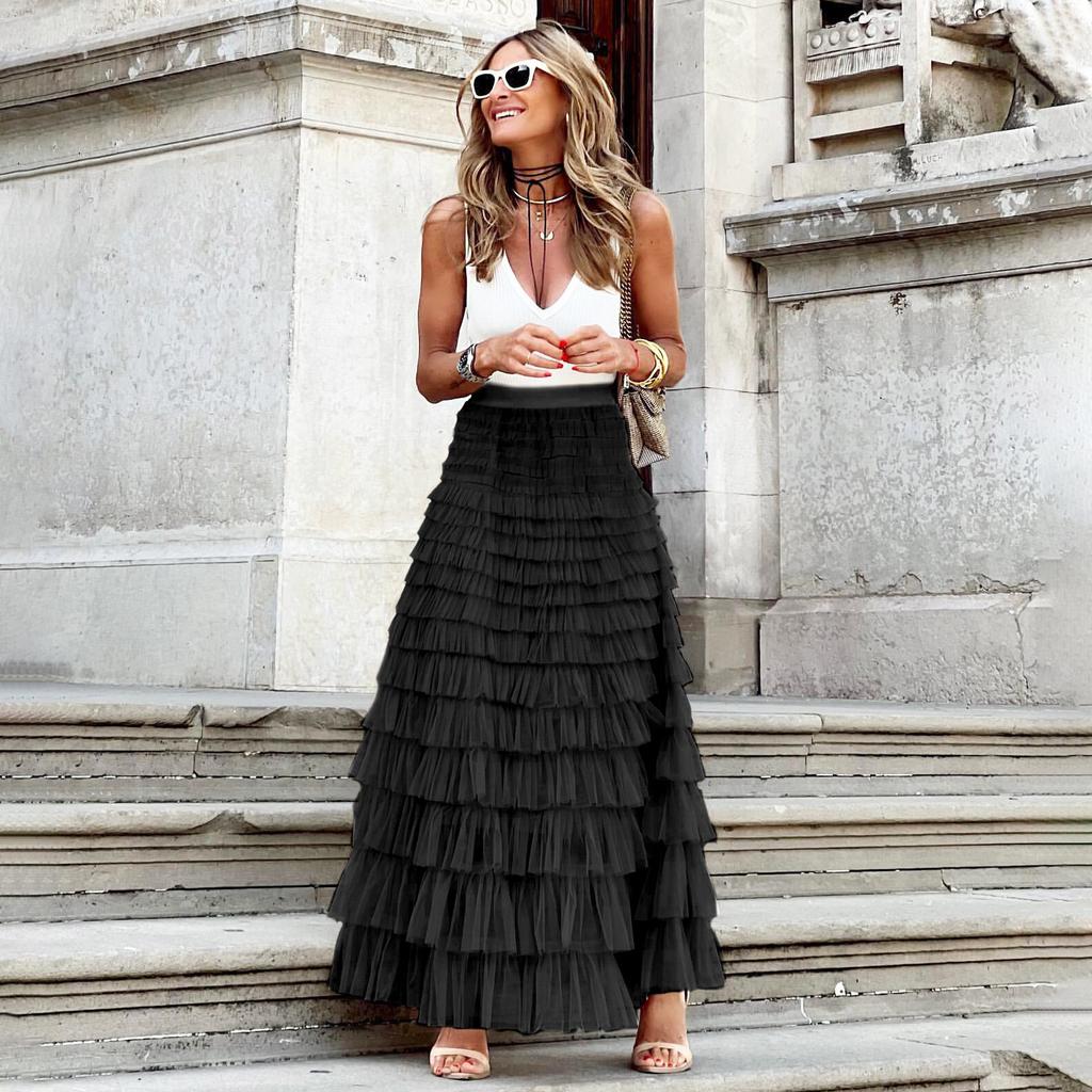 Cake Skirts Women Elegant Cascading Ruffles A Line Long Skirts Female Casual Elastic Waist Party Lace Skirt