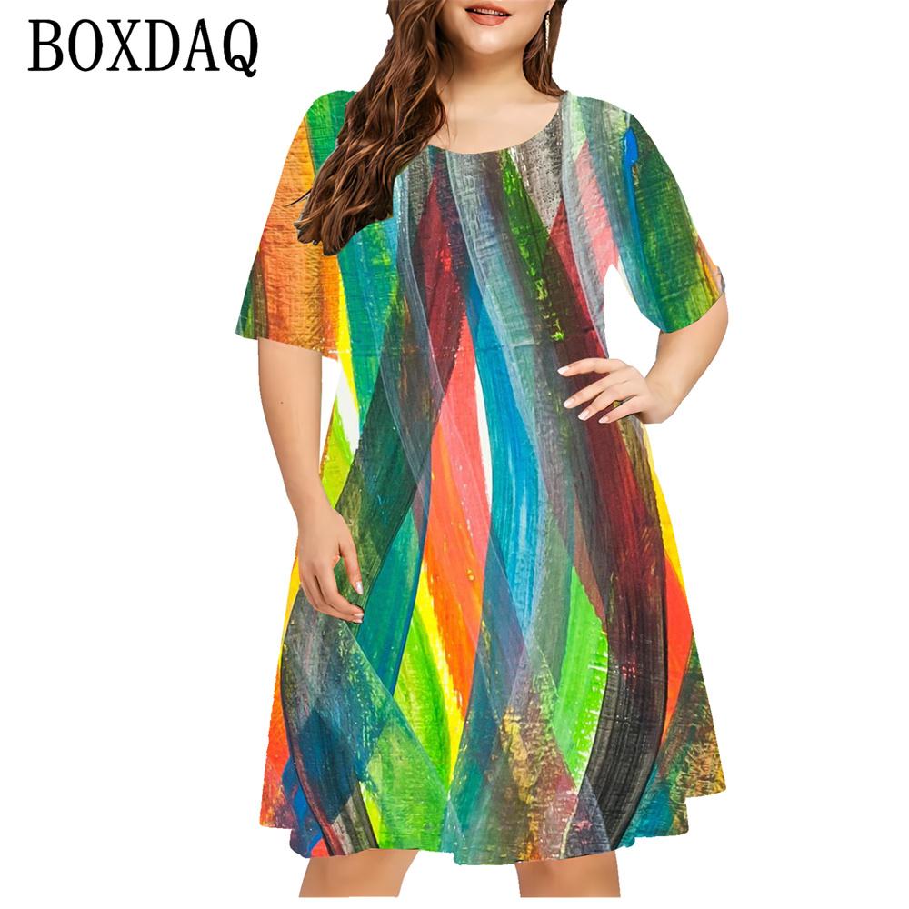 Women's Gradient Painting Striped 3d Printing Dress Fashion Casual Short-sleeved Loose Dress Ladies Summer Women's Clothes
