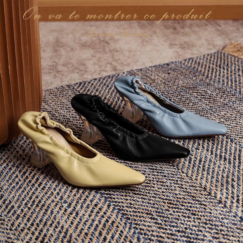 Women Pumps Natural Leather Shoes Plus Size 22-26.5cm Length Soft Sheepskin Pointed Crystal Heel Full Leather Shoes