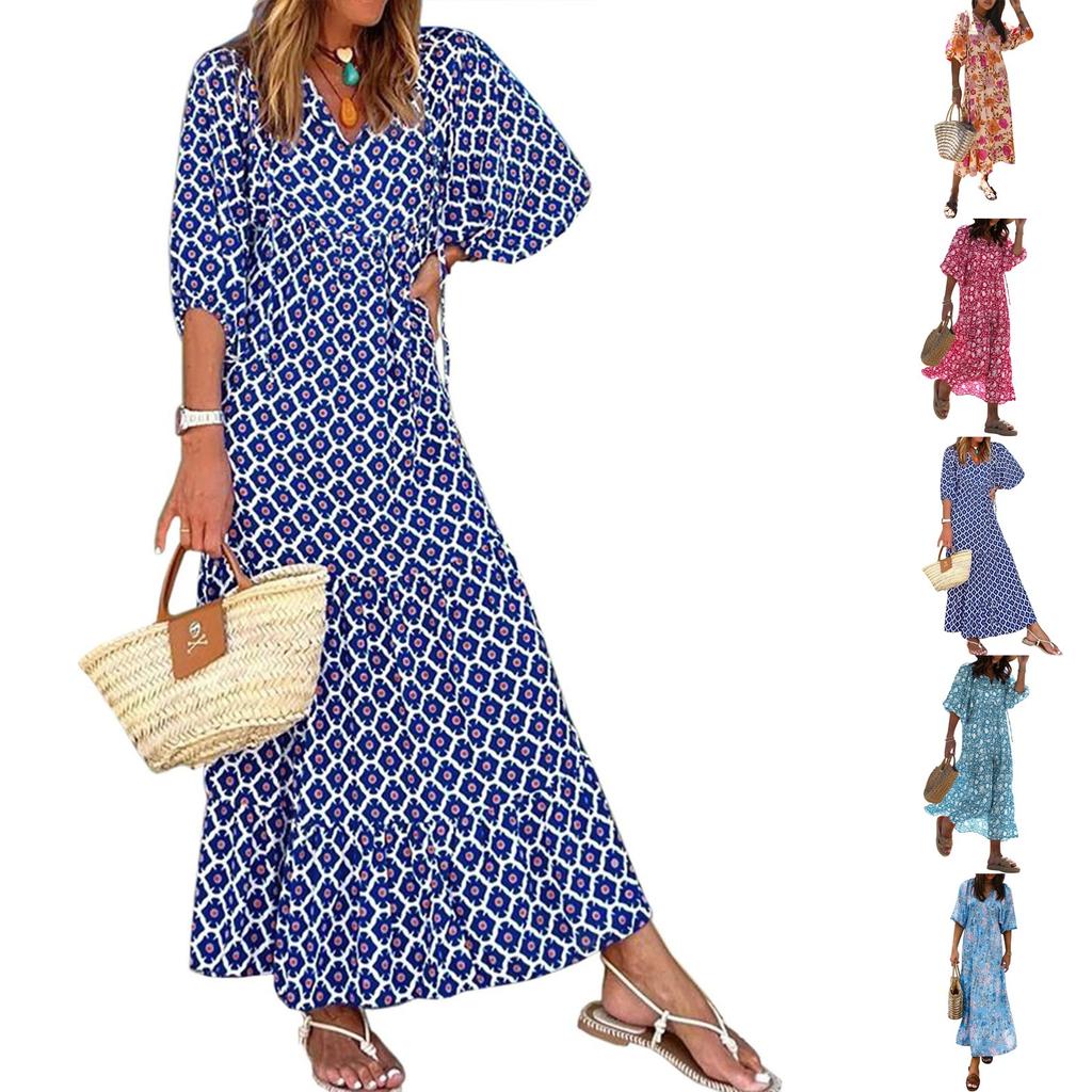 Women Floral Print Bohemian Long Dress Loose V-Neck Fashion Summer Beach Dress