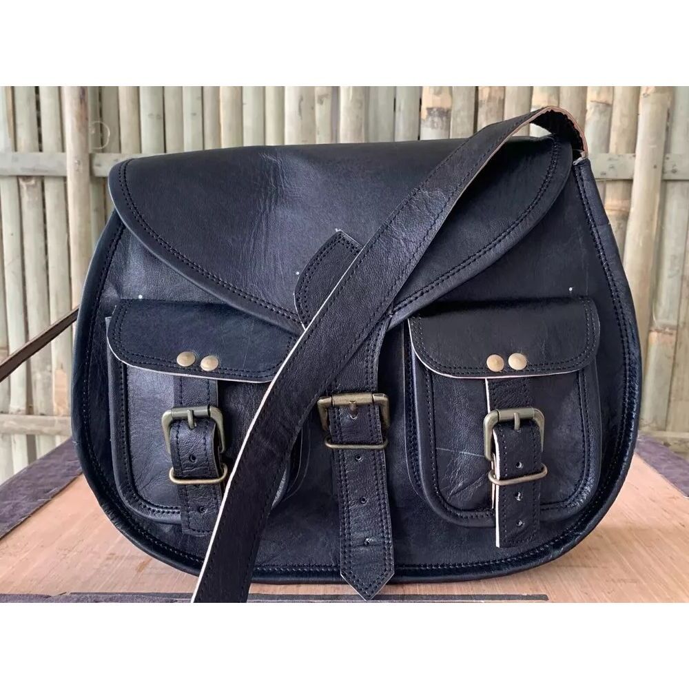 Real Vintage Saddle Bag Goat Leather Black Messenger Shoulder Handmade Vintage Leather Black Bag.