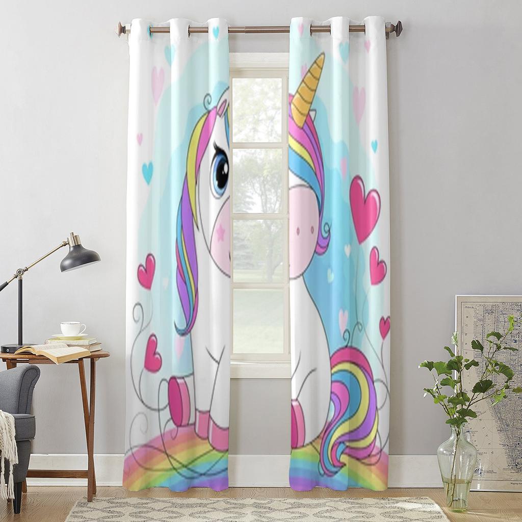 Cute White Unicorn Window Curtains For Living Room Bedroom Luxury Modern Kitchen Curtains Fabric Drapes