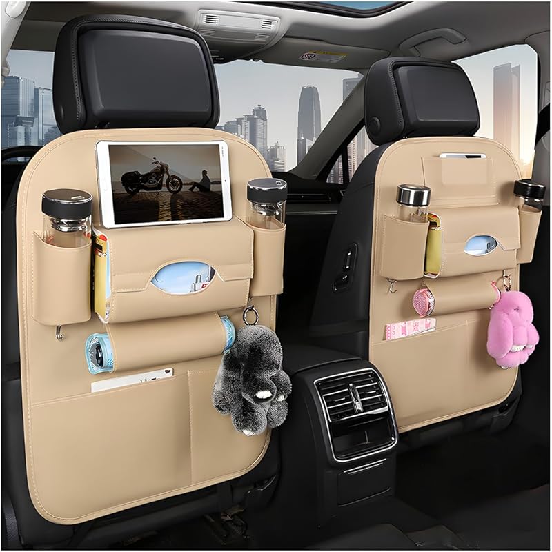 2 PCS Car Seat Back Organizer, Premium Leather Seat Back Protector with Storage Pockets, Waterproof Hanging Vehicle Storage, Universal Car Organizer