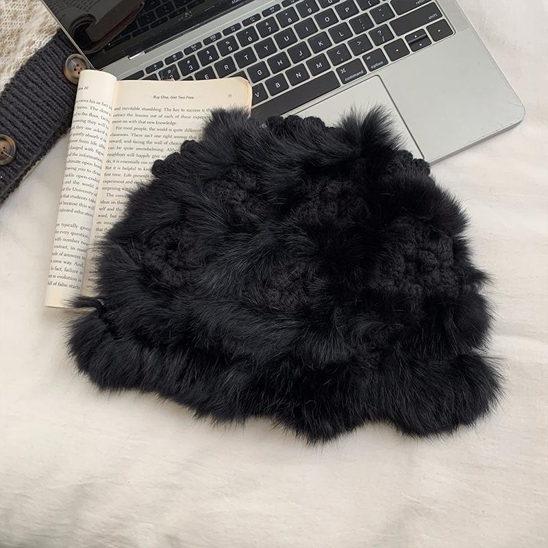 Women Winter Thick Warm Knit Fisherman Hat White Rabbit Fur Small Face Cap