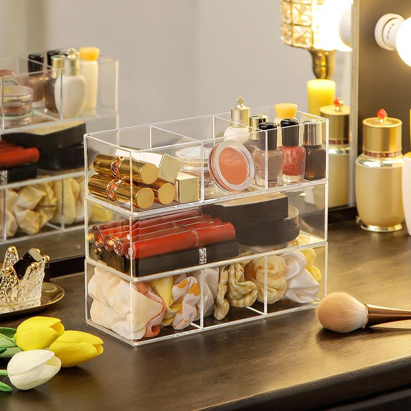 Clear Acrylic Makeup Layered Storage Box Dressing Table Cosmetic Lipstick Finishing Grid Box Desktop Drawer Storage Compartment