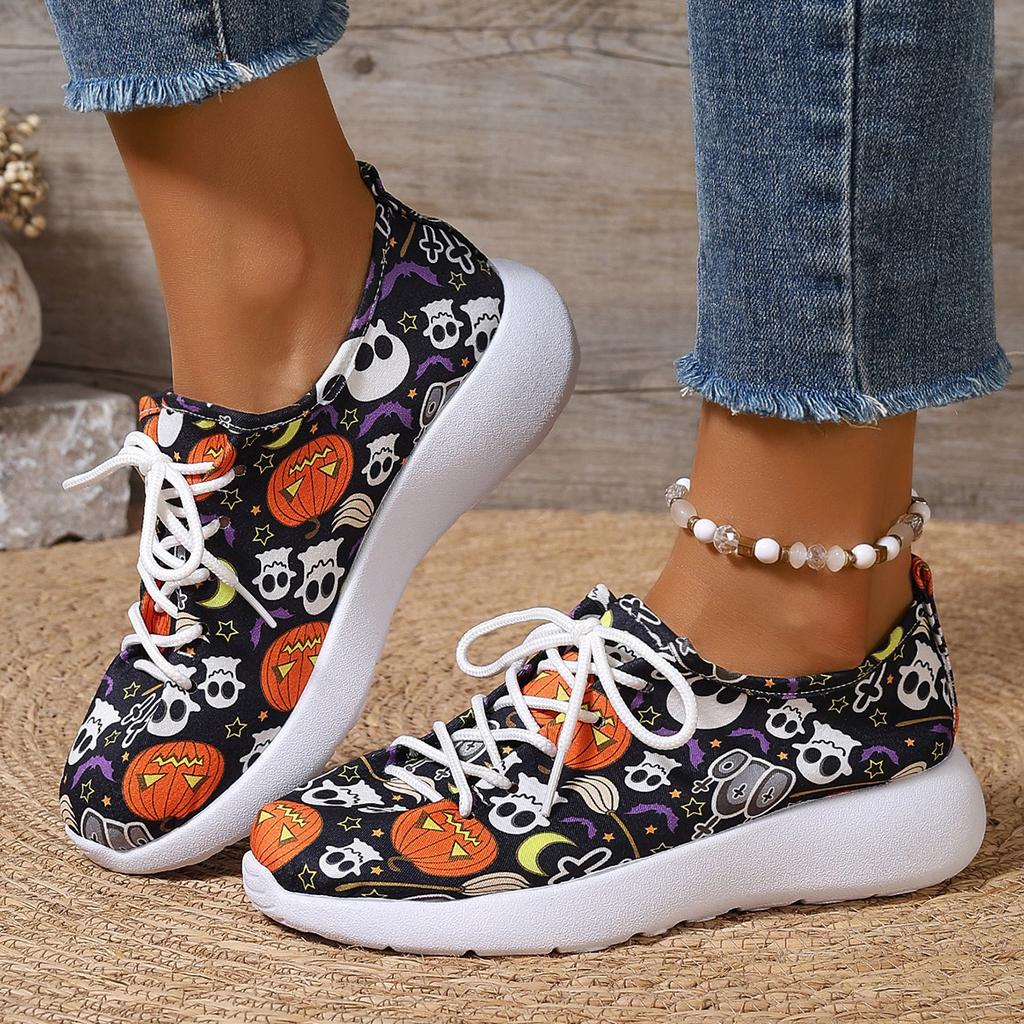 Fashion Women Sneakers 2024 New Popular Flat Bottom Round Head Lace Up Casual Shoes Halloween Pumpkin Pattern Low Top Women Sports Shoes