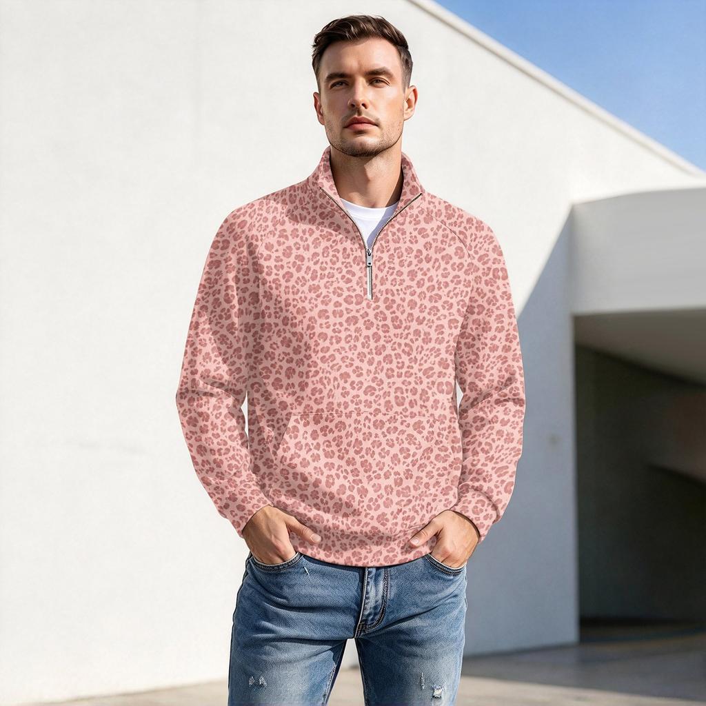 Men's Leopard Print Zip-Up Pullover Stand Collar Casual Wrinkle- Athletic Top for Fall Winter