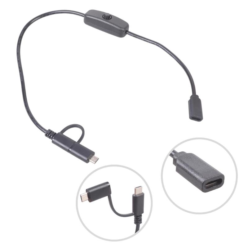 Зарядный шнур с двойным выходом, оснащенный разъемами Type C и USB 5-контактным, со встроенными переключателями для гаджетов 5 В 3 А