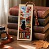 Сезонная закладка-вышивка крестом с кошкой, закладка «Четыре сезона» с черным котом и плетеным шнурком, ручная работа, маркер для книжных страниц для любителей книг