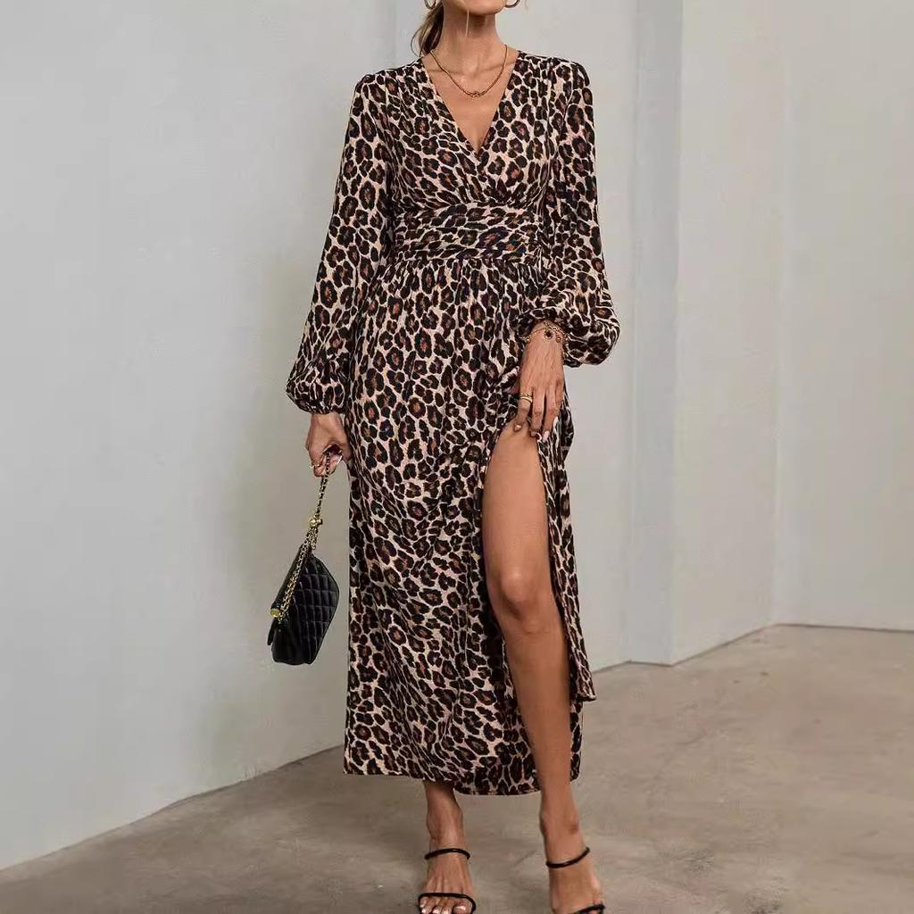 Женское однотонное элегантное платье с рукавами-фонариками, V-образным вырезом и высоким разрезом