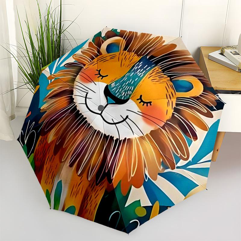 1pc Lion, Jungle Automatic Folding Umbrella - Windproof Compact Travel Umbrella with Auto Open/Close, 8-Rib Heavy-Duty Shaft for Women/Men A057