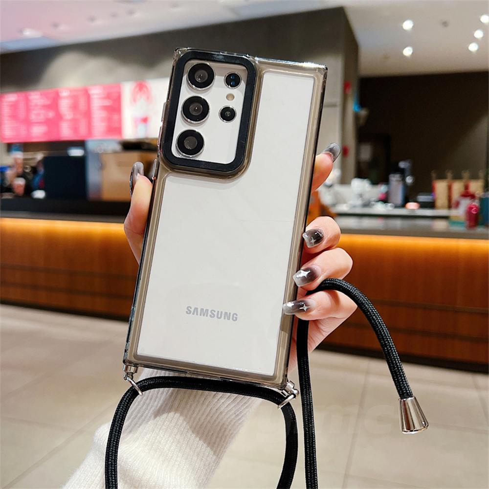 Противоударный ремешок для телефона Samsung Galaxy S24 Ultra S23 Plus S22 S21 S20 FE A24 A54 A14 ремешок через плечо прозрачный чехол