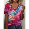 Fashion Young Women's Vacation V-neck Tie-dye Graphic Printing T-shirt Polyester Casual Short-sleeved Summer Women's Clothing
