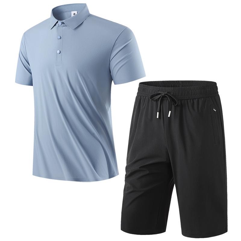 Мужской двухкомпонентный костюм-поло с быстрой сушкой из ледяного шелка: Эластичный, Легкий, С коротким рукавом, Дизайн с воротником для мужчин среднего и молодого возраста