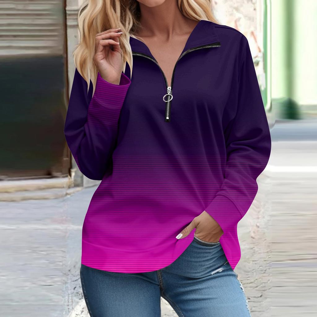 Рубашки на молнии с длинным рукавом для женщин Градиентная печать Графические футболки Блузки Повседневные топы Пуловер