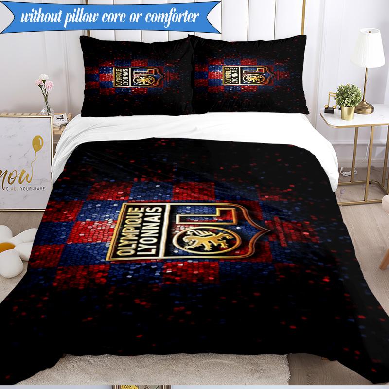 3PCS Lyon Football Crest Design Printed Soft Bedding Set,Including 1pc Duvet Cover And 2pcs Pillowcases Perfect for Bedroom, Dormitory, Fan gift