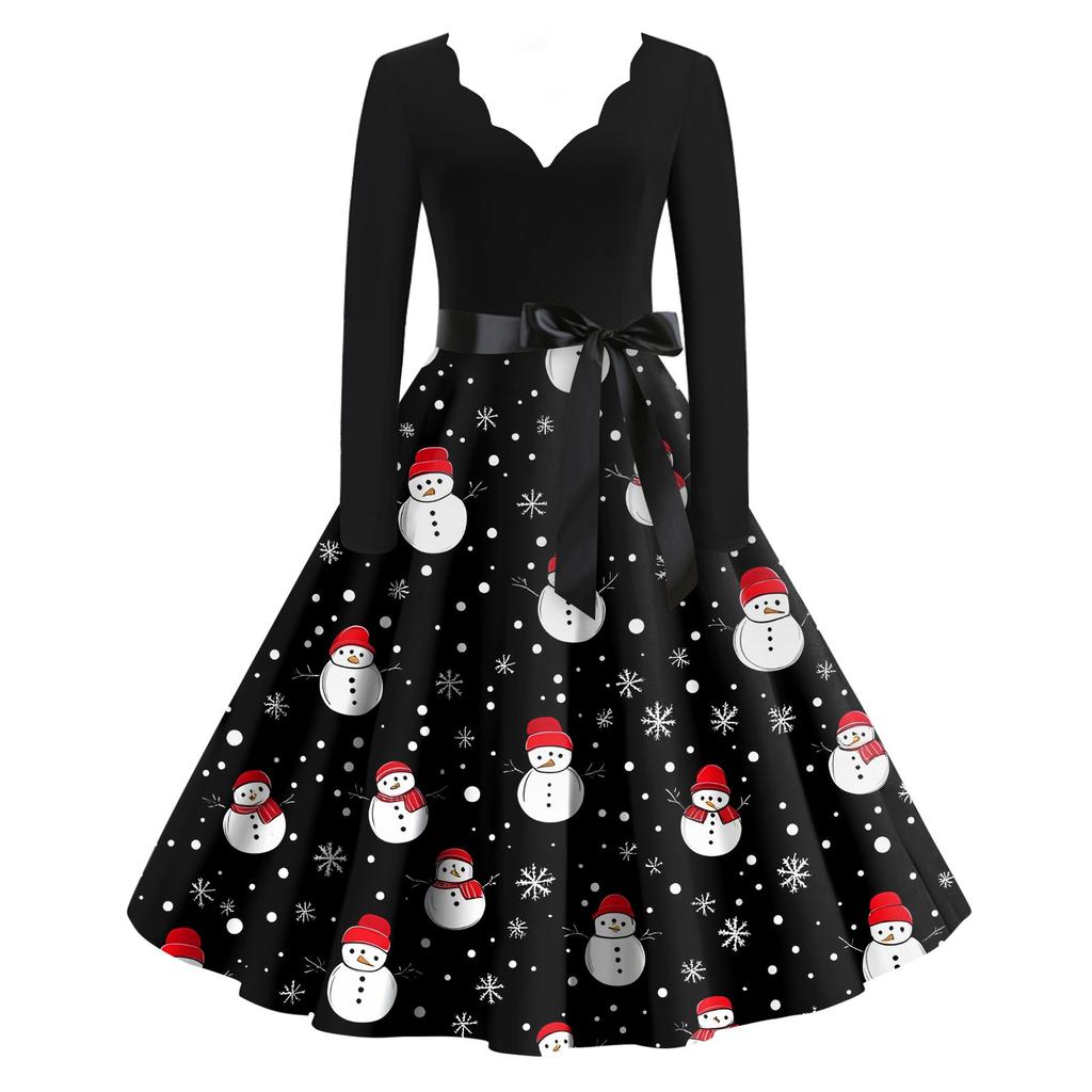 Женские модные повседневные тонкие рождественские платья с длинным рукавом с v-образным вырезом и принтом